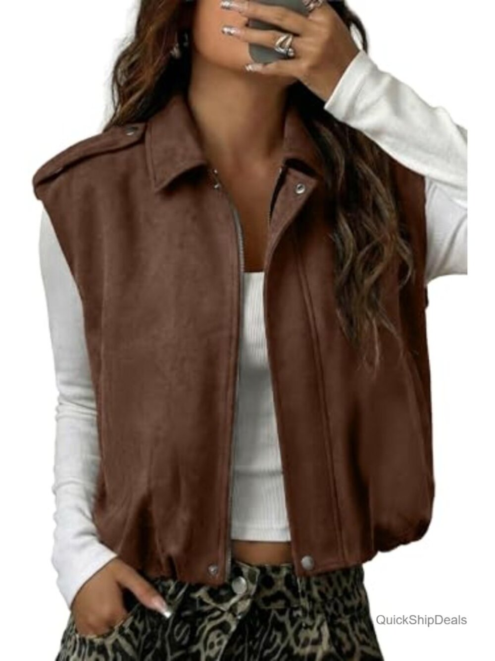 Faux Suede Sleeveless Vest Oversized Cropped Metal Button Western